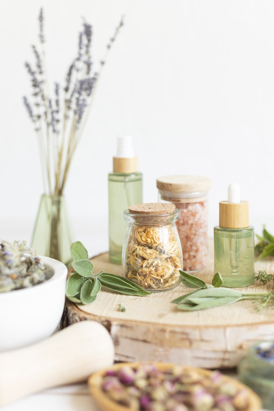 Plantes et flacons dans un décor naturel